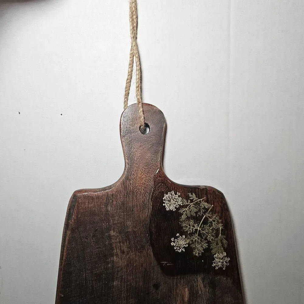 Small, Dark Mango Wood Charcuterie or Serving Board Resin White Flowers Wall Art
